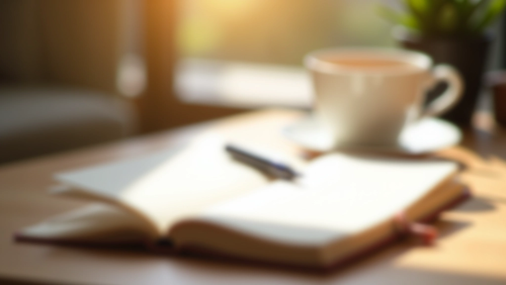 Geopend dagboek met pen en kopje thee op houten tafel in warm daglicht