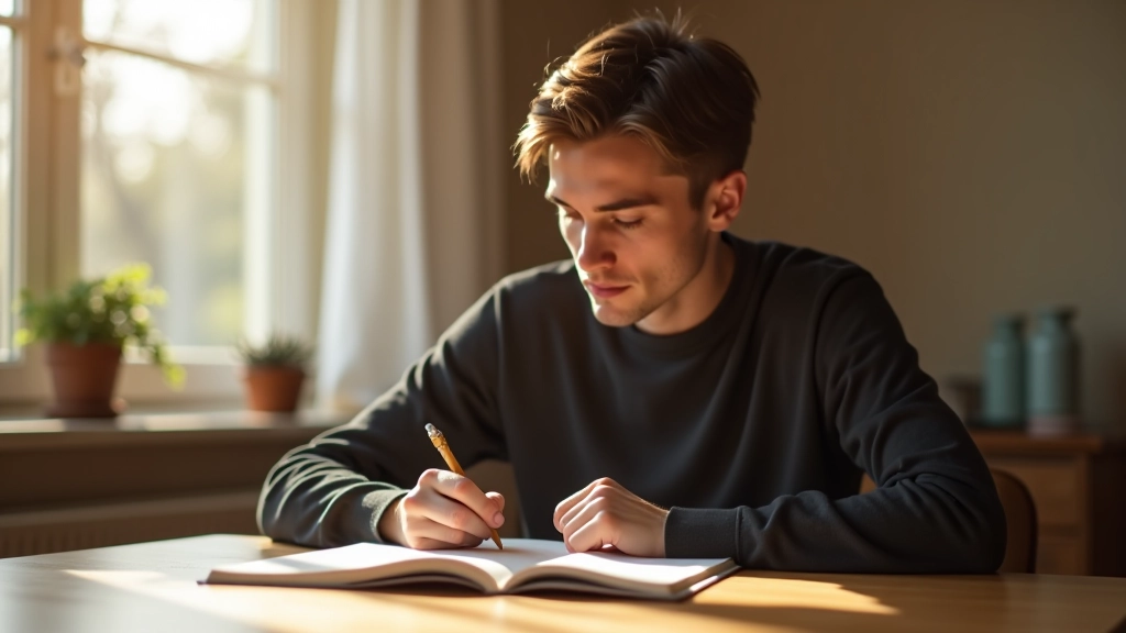 Iemand schrijft in een dagboek aan een bureau, zonlicht, moment van reflectie en zelfonderzoek