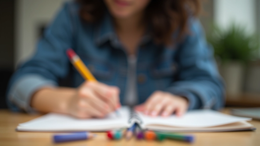 Persoon die aantekeningen maakt in een notitieboek met potloden en markers eromheen