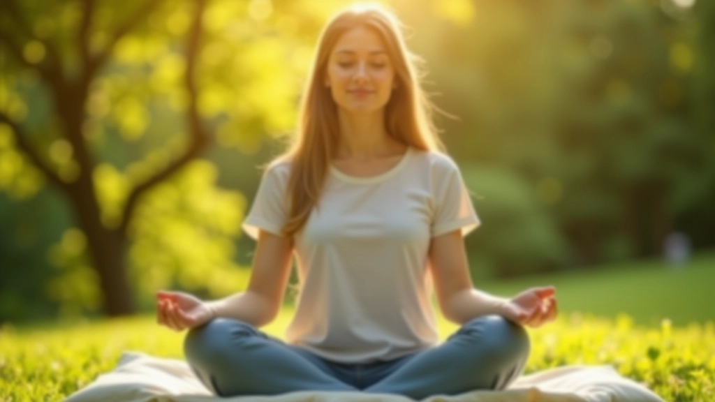 Persoon in meditatiehouding in een rustige, natuurlijke omgeving met zonnig daglicht