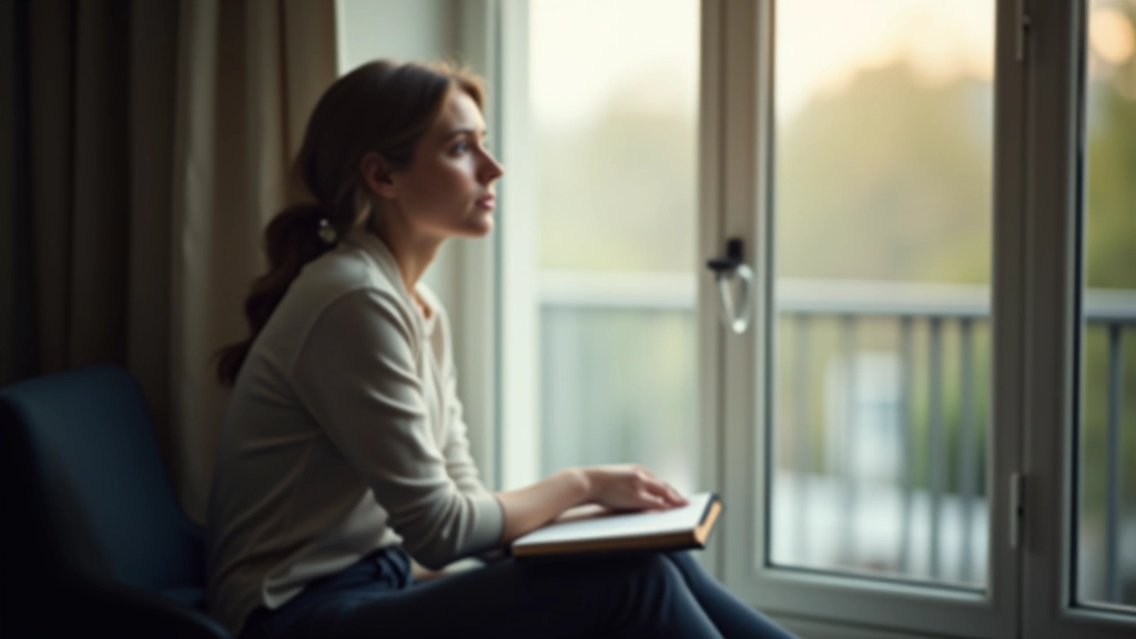 Iemand die peinzend uit het raam kijkt met een dagboek op schoot