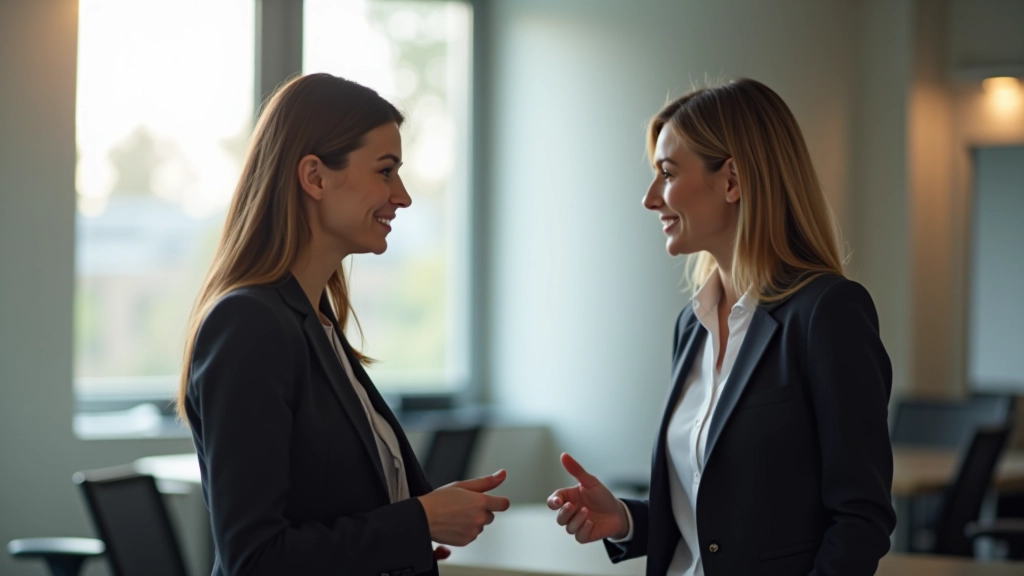 Twee personen in gesprek met open lichaamshouding en aandacht voor elkaar in professionele setting