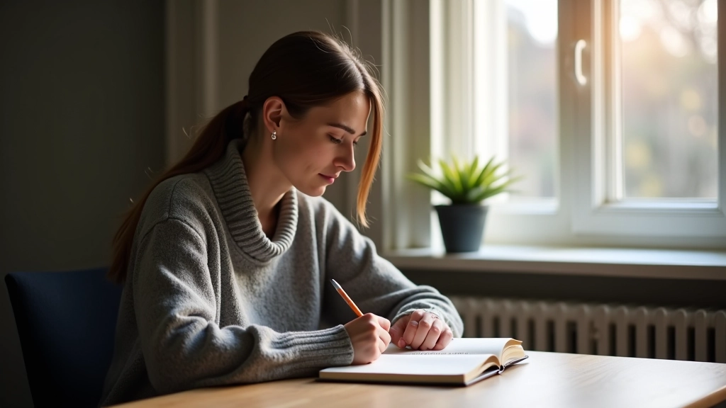 Persoon die in een notitieboek schrijft bij een rustig raam met natuurlijk licht