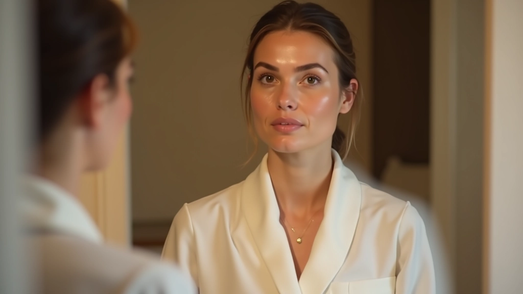 Vrouw die naar zichzelf kijkt in spiegel met introspectieve uitdrukking