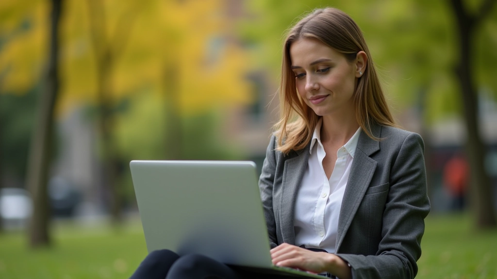 Persoon die buiten aan haar bureau werkt en even een pauze neemt
