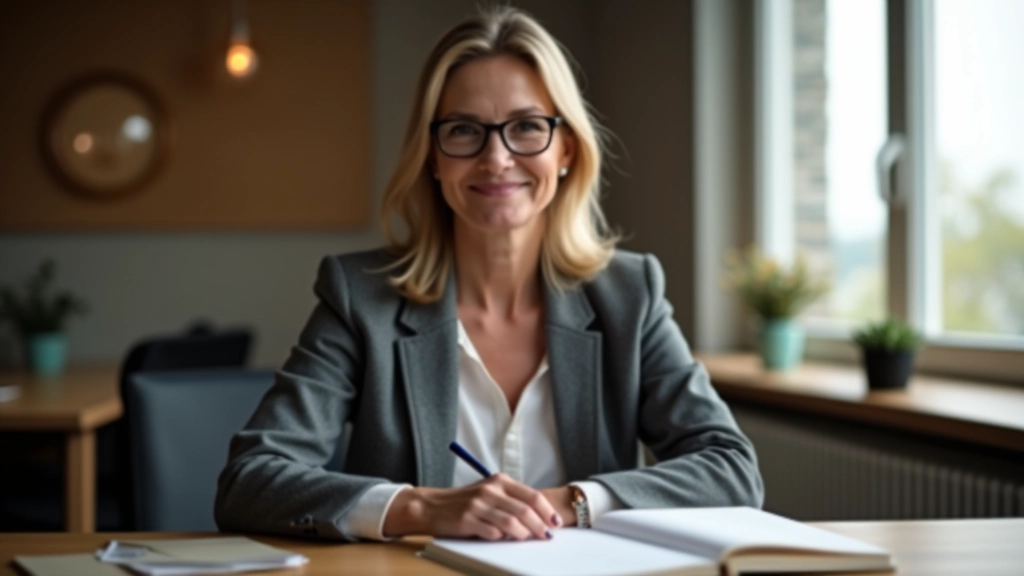 Marieke aan het werk in haar coachingkantoor, omringd door notities en journaalpagina's, warm kantoorlicht, scherpgesteld